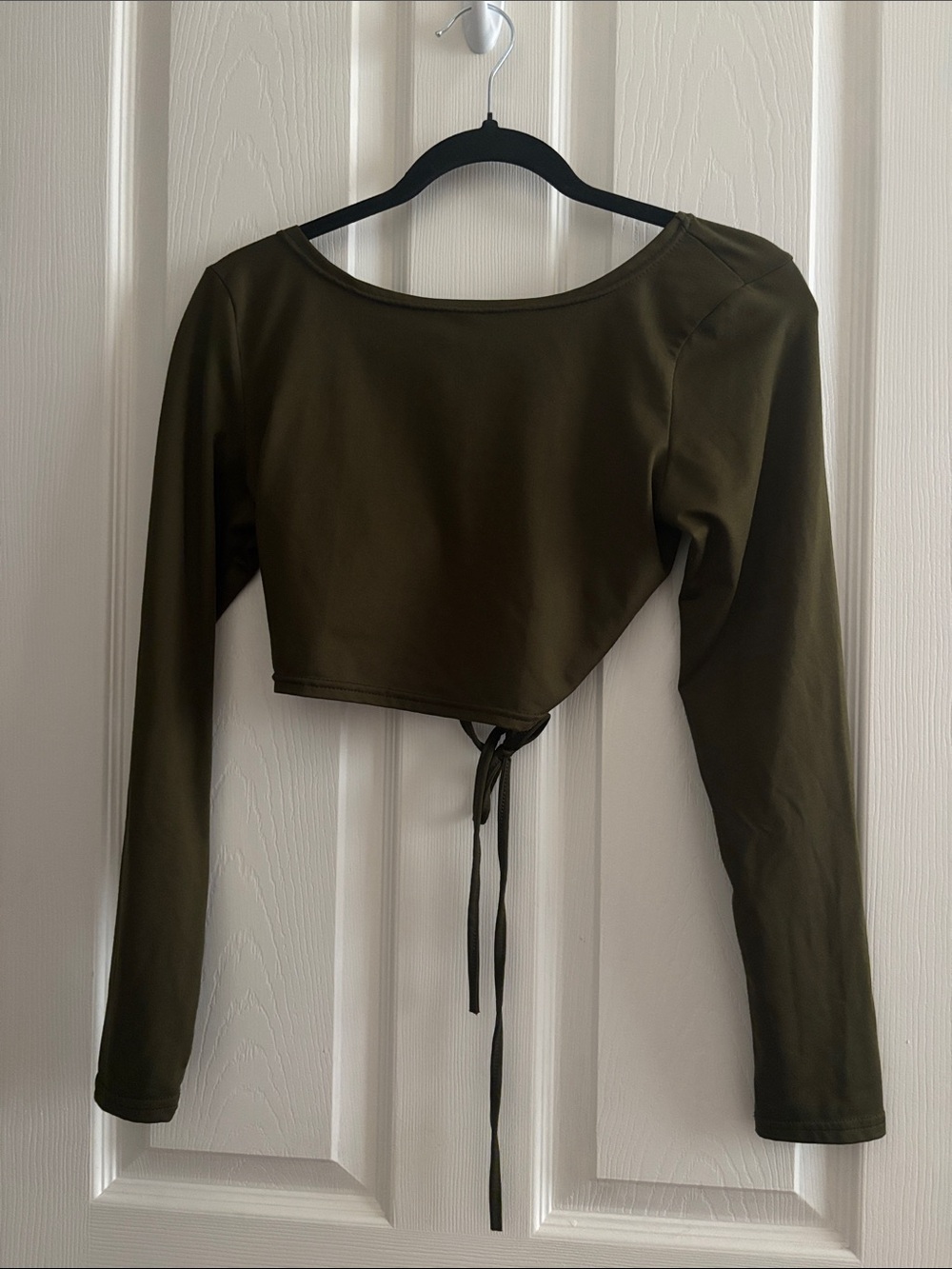 Olive Green Long-Sleeve Cropped Tie-Front Top
